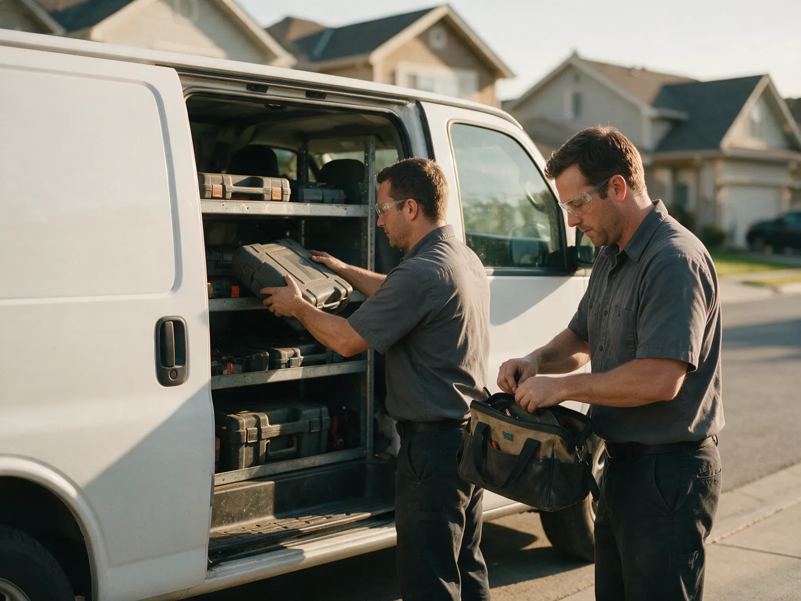 Two locksmiths packing cases into a plain white service van at a residential curb
